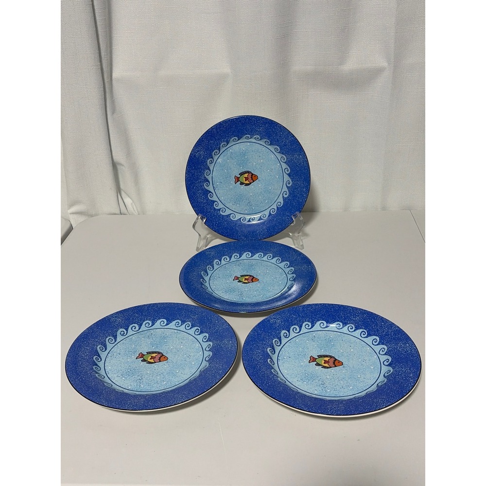 Sango Pisces Sue Zipkin Blue Fish Salad Plates Set of 4 Nautical 4896 8 Inch